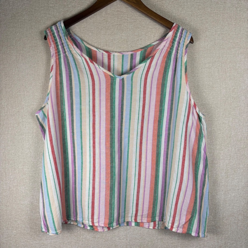Multi Color Striped Linen Blend V-Neck Smocked Shoulders Tank Top Size XL 16-18